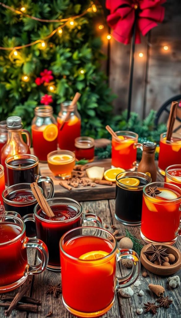 A cozy scene of a winter-themed beverage bar, featuring an array of warm and spicy punch recipes. In the foreground, an assortment of mugs and glasses filled with vibrant, richly colored drinks, adorned with cinnamon sticks, star anise, and citrus slices. In the middle ground, a rustic wooden table showcases a variety of seasonal ingredients, such as cloves, nutmeg, and whole spices. The background features a backdrop of lush greenery, with twinkling string lights adding a festive ambiance. The overall atmosphere is one of inviting warmth and natural, DIY-inspired aesthetics, captured in the KlickKiste style. A cozy scene of a winter-themed beverage bar, featuring an array of warm and spicy punch recipes. In the foreground, an assortment of mugs and glasses filled with vibrant, richly colored drinks, adorned with cinnamon sticks, star anise, and citrus slices. In the middle ground, a rustic wooden table showcases a variety of seasonal ingredients, such as cloves, nutmeg, and whole spices. The background features a backdrop of lush greenery, with twinkling string lights adding a festive ambiance. The overall atmosphere is one of inviting warmth and natural, DIY-inspired aesthetics, captured in the KlickKiste style.