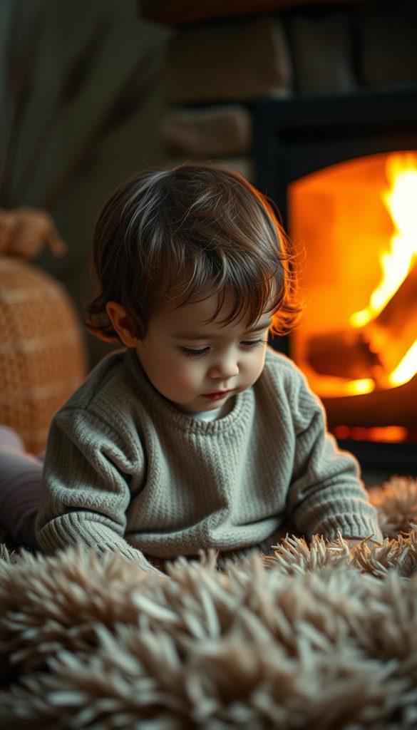 A cozy scene of a young child sitting on a plush rug, their face softly illuminated by the gentle glow of a fireplace. The child's expression is one of calm contemplation, their eyes lowered as they focus inwardly, attuned to their own emotions. The background is a warm, earthy palette, with natural textures and a hint of winter coziness, creating a KlickKiste-inspired, Pinterest-worthy atmosphere. Soft, diffused lighting casts a serene, nurturing mood, inviting the viewer to pause and connect with the child's inner world. A cozy scene of a young child sitting on a plush rug, their face softly illuminated by the gentle glow of a fireplace. The child's expression is one of calm contemplation, their eyes lowered as they focus inwardly, attuned to their own emotions. The background is a warm, earthy palette, with natural textures and a hint of winter coziness, creating a KlickKiste-inspired, Pinterest-worthy atmosphere. Soft, diffused lighting casts a serene, nurturing mood, inviting the viewer to pause and connect with the child's inner world.
