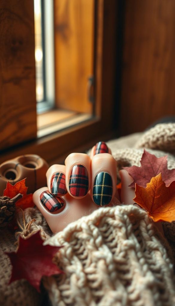 A cozy scene of autumn nails in warm, earthy tones. The nails are adorned with a plaid pattern, capturing the coziness of the season. The image has a soft, natural look, with a muted color palette and a vintage-inspired, Pinterest-esque aesthetic. The nails are set against a backdrop of wooden textures, creating a rustic, homely atmosphere. Gentle lighting from a window casts a warm glow, adding to the inviting and comforting mood. Photographed by KlickKiste using a DSLR camera with a shallow depth of field, resulting in a focus on the intricate nail details.
