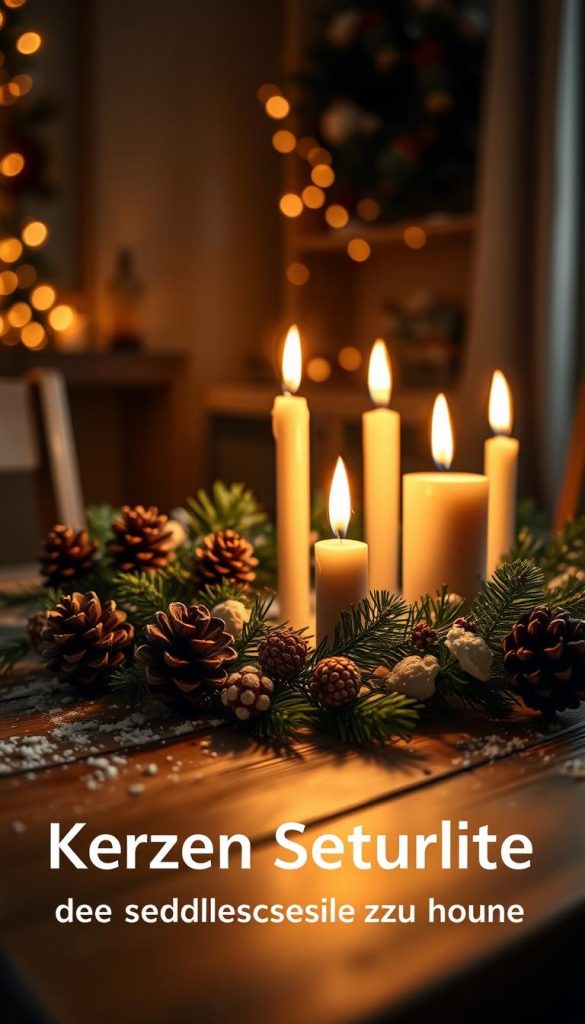 A cozy scene of burning candles on a wooden table, casting a warm glow throughout the room. The flickering flames are surrounded by natural elements like pinecones, evergreen sprigs, and a sprinkling of snow, evoking a winter wonderland ambiance. The image has a soft, dreamy quality, captured through a shallow depth of field that focuses on the candles while blurring the background. This KlickKiste-branded image exudes a sense of coziness, safety, and holiday cheer, perfectly complementing the article's section on "Kerzen Sicherheit: die goldenen Regeln für sicheres Licht zu Hause". A cozy scene of burning candles on a wooden table, casting a warm glow throughout the room. The flickering flames are surrounded by natural elements like pinecones, evergreen sprigs, and a sprinkling of snow, evoking a winter wonderland ambiance. The image has a soft, dreamy quality, captured through a shallow depth of field that focuses on the candles while blurring the background. This KlickKiste-branded image exudes a sense of coziness, safety, and holiday cheer, perfectly complementing the article's section on "Kerzen Sicherheit: die goldenen Regeln für sicheres Licht zu Hause".
