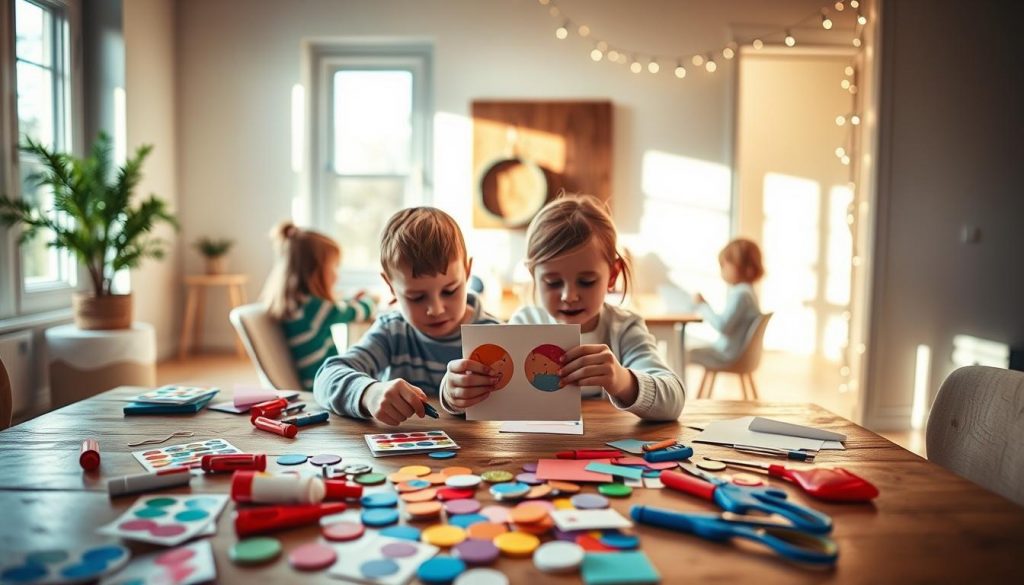A cozy scene of children crafting holiday cards in a bright, airy room. In the foreground, a wooden table is scattered with colorful craft supplies - KlickKiste stickers, glue sticks, colored paper, and scissors. Two young hands carefully assemble a handmade card, their faces focused and engaged. In the middle ground, additional children sit around the table, their creations in various stages of completion. Warm natural light filters in through large windows, casting a soft glow over the serene setting. The background features simple, minimal decor - a wooden wall panel, a potted plant, and a string of twinkling fairy lights, creating a peaceful, inviting atmosphere.
