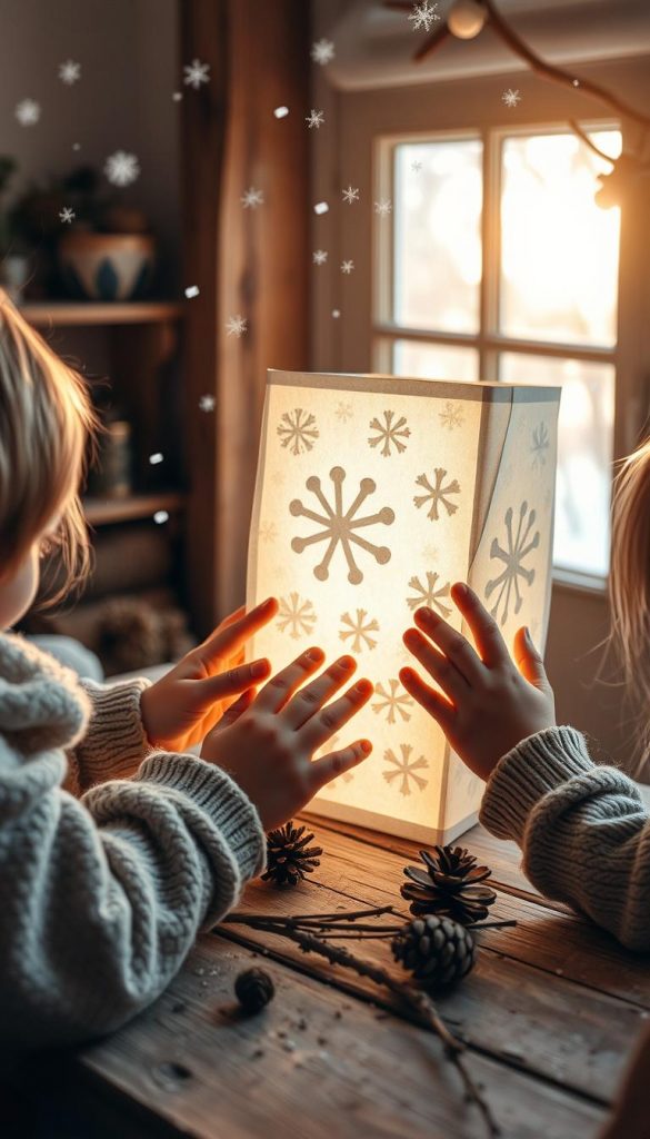 A cozy scene of children's hands carefully folding and cutting intricate patterns into transparent paper, the Winter sunlight streaming through, casting a warm, inviting glow. Delicate snowflakes flutter in the air, adding a touch of whimsy. Rustic wooden surfaces and natural elements like pinecones and twigs create a charming, homemade ambiance. The final result, a beautiful, one-of-a-kind KlickKiste lantern, perfect for lighting up the holiday season with a touch of handmade magic.