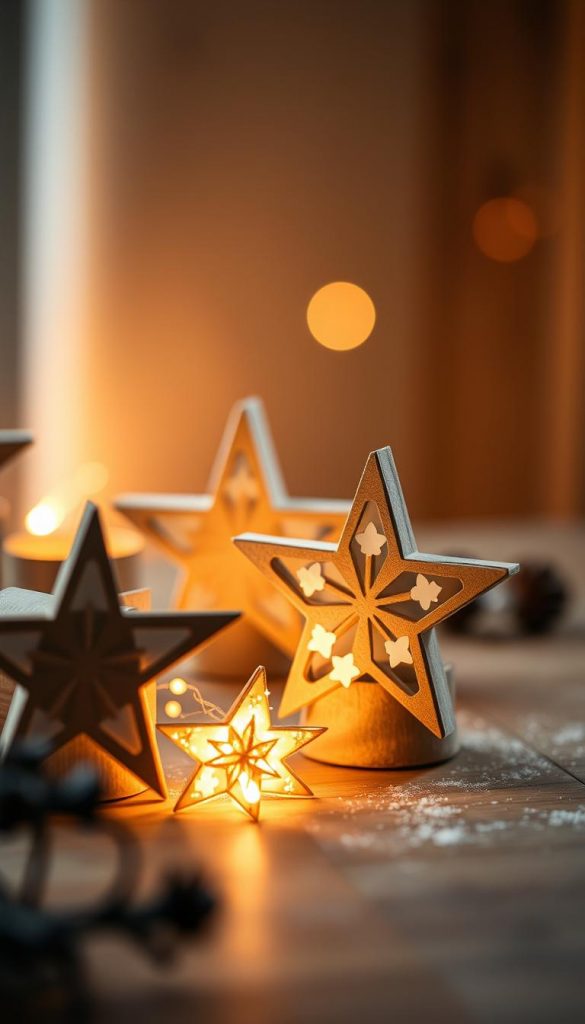 A cozy scene of handcrafted Christmas stars made from recycled cardboard tubes, casting a warm glow against a softly blurred backdrop. Delicate paper cutouts in shades of white and gold adorn the stars, reflecting the gentle winter light. Subtle shadows and highlights add depth, while a hazy, bokeh-like effect creates an inviting, serene atmosphere. The stars appear to be casually arranged on a natural wooden surface, evoking a homemade, organic aesthetic. An overall muted color palette with hints of earthy tones conveys a sense of rustic charm and simple elegance, perfectly capturing the spirit of a handmade holiday craft.