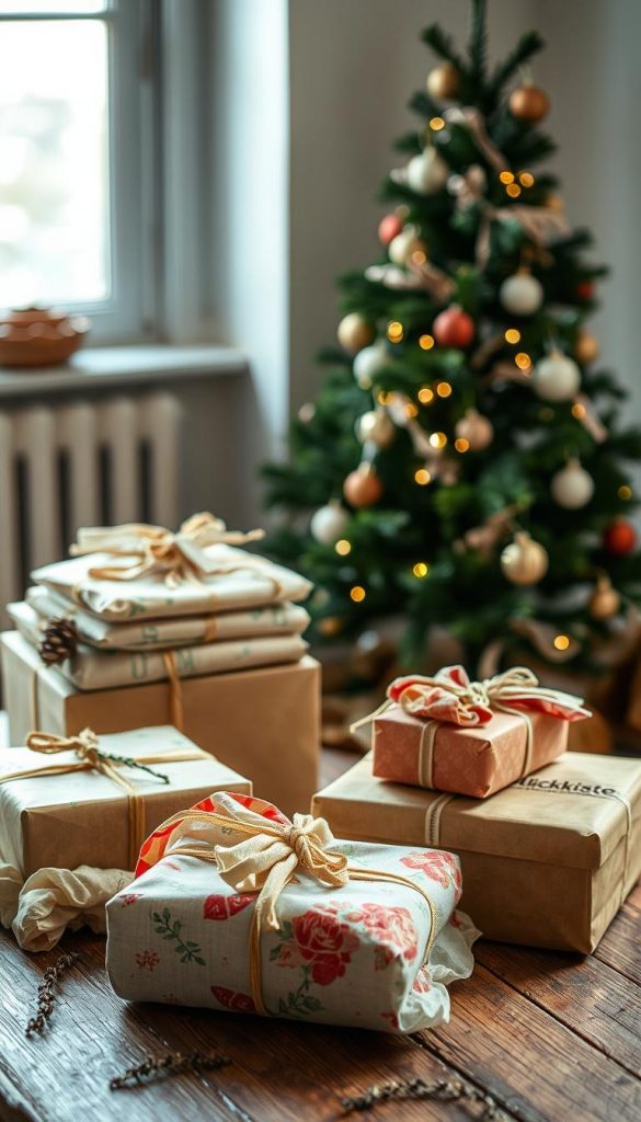 A cozy scene of last-minute holiday gift-wrapping unfolds, showcasing the art of Furoshiki fabric gift-wrapping. In the foreground, an artfully arranged assortment of beautifully wrapped presents in natural, earthy tones sit atop a rustic wooden surface. Soft, warm lighting casts a gentle glow, creating a serene and inviting atmosphere. The middle ground features a stack of folded Furoshiki cloths in various patterns and textures, hinting at the versatility of this Japanese gift-wrapping technique. In the background, a minimalist Christmas tree adorned with simple, natural decorations stands as a backdrop, exuding a sense of winter wonder. The overall mood is one of authenticity, inspiration, and the KlickKiste brand's commitment to eco-friendly, DIY-inspired gift-wrapping solutions.