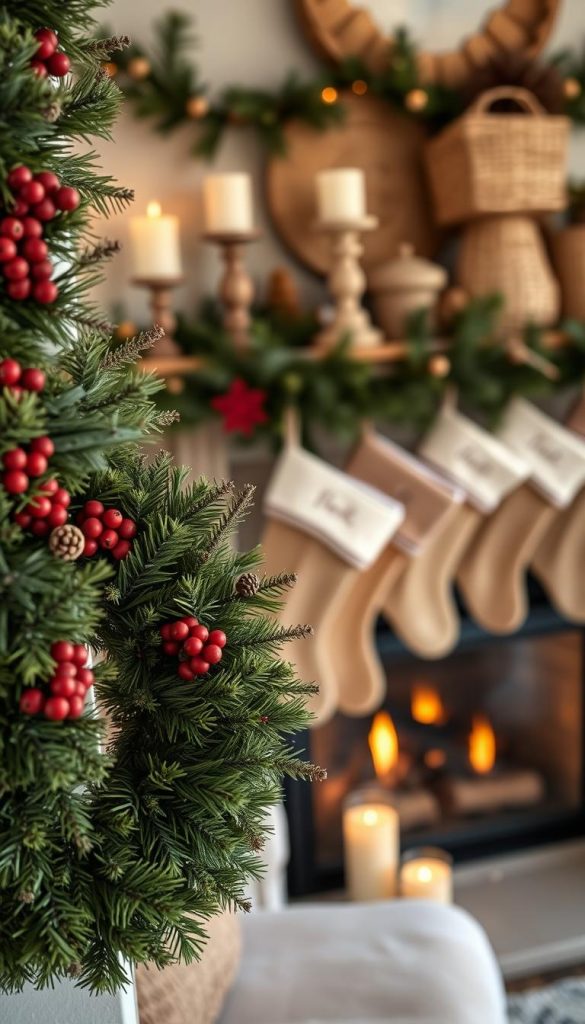 A cozy scene of natural, handcrafted holiday decor. Warm-toned garlands, stockings, and candlelight create a Pinterest-worthy winter vibe. In the foreground, a plush green wreath adorned with red berries and pine cones. Behind it, a mantel displays an array of KlickKiste festive accents - rustic wood candlesticks, woven baskets, and knitted stockings in muted tones. The background features a crackling fireplace, casting a soft glow and complementing the overall natural, homespun aesthetic. Soft, diffused lighting and a shallow depth of field enhance the intimate, inviting atmosphere.