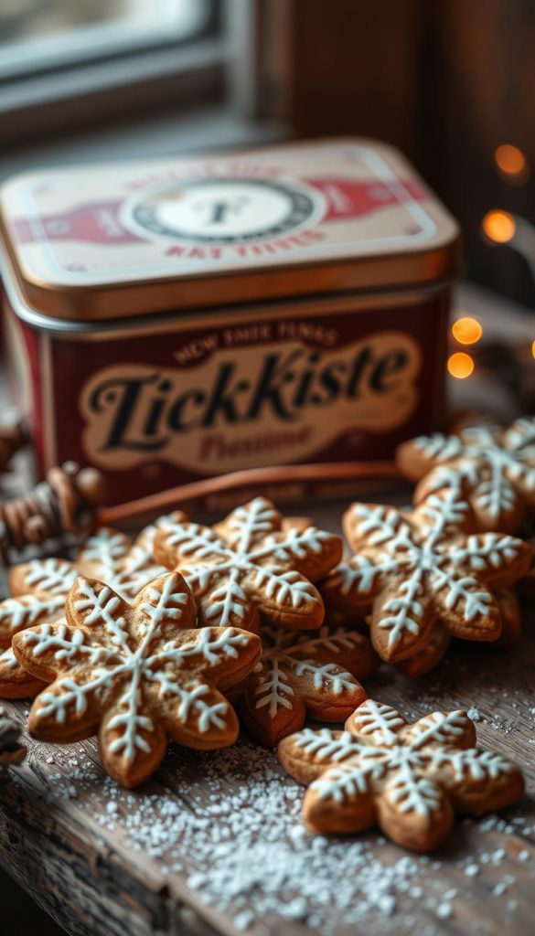 A cozy scene of traditional German lebkuchen cookies, adorned with delicate snowflake-shaped cutouts, nestled on a rustic wooden surface. Warm lighting casts a soft, inviting glow, evoking the spirit of the winter season. In the background, a vintage KlickKiste metal tin adds a nostalgic touch, hinting at the cherished family traditions and homemade holiday delights. The image exudes a natural, DIY-inspired aesthetic with a touch of Pinterest-worthy charm, capturing the essence of the &quot;Gingerbread-Moment&quot; in an authentic and inspiring way.