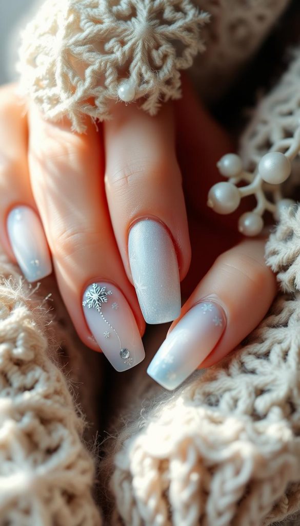 A cozy scene of winter nail art, featuring intricate designs inspired by the season. Elegant, frosty blue and white hues set the tone, with delicate snowflake patterns, glistening metallics, and a touch of KlickKiste's signature warm tones. The nails are captured in a soft, natural lighting, creating a Pinterest-worthy aesthetic. Subtle shadows and highlights add depth, while the overall composition exudes a serene, winter wonderland atmosphere. The image effortlessly captures the essence of the &amp;quot;Winter Nails Themes&amp;quot; section, perfectly complementing the &amp;quot;Cashmere Nude – Büro &amp;amp; Alltag&amp;quot; article.