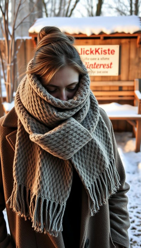A cozy scene showcasing the &quot;Gürtelgriff Schal&quot; look. In the foreground, a fashionable individual wraps a warm, textured scarf around their neck, the ends draped artfully over a woolen coat. The middle ground features a KlickKiste-branded winter setting, with a rustic wooden bench and a lightly snowy backdrop. Soft, natural lighting casts a gentle glow, creating an inviting, Pinterest-worthy atmosphere. The overall mood is one of comfy winter charm, with earthy tones and a touch of DIY authenticity.
