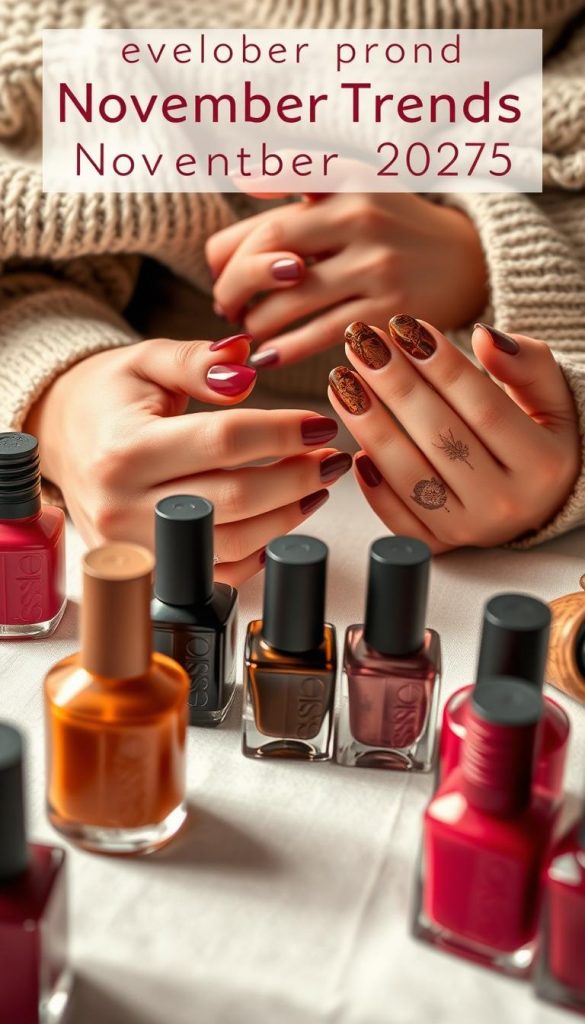 A cozy scene showcasing the latest nail trends for November 2025. In the foreground, a delicate arrangement of glossy, richly-hued nail polish bottles in shades of deep burgundy, warm caramel, and a mesmerizing tortoiseshell pattern. Soft, diffused lighting illuminates the bottles, casting gentle shadows and highlighting their tactile surfaces. The middle ground features a woman's hands, elegantly posed to showcase a myriad of intricate, eye-catching nail designs - from intricate floral motifs to minimalist geometric patterns, all executed in the season's signature colors. The background evokes a cozy, inviting atmosphere with hints of natural textures, like a knitted throw or a wooden surface, creating a sense of comfort and style. Captured with a shallow depth of field, this image from the KlickKiste brand exudes a warm, welcoming, and authentically on-trend aesthetic.