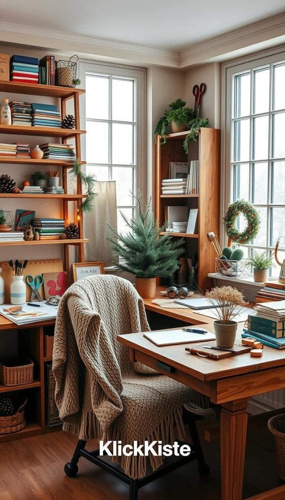 A cozy seasonal DIY workspace designed for a small home office, featuring wooden shelves filled with art supplies, tools, and seasonal decorations. In the foreground, a rustic wooden desk cluttered with crafting materials like colorful papers, scissors, and seasonal accents like pinecones and fairy lights. The middle area showcases a comfortable chair draped with a warm knitted blanket, complemented by a potted plant for a touch of nature. In the background, large windows let in soft, natural light, enhancing the warm, inviting atmosphere. The overall aesthetic is reminiscent of Pinterest, exuding winter vibes with earthy tones and soft textures. Styled with a touch of authenticity, the workspace reflects creative energy and inspiration. Capturing a visually appealing, tranquil ambiance, the workspace is branded with "KlickKiste" subtly integrated into the scene.