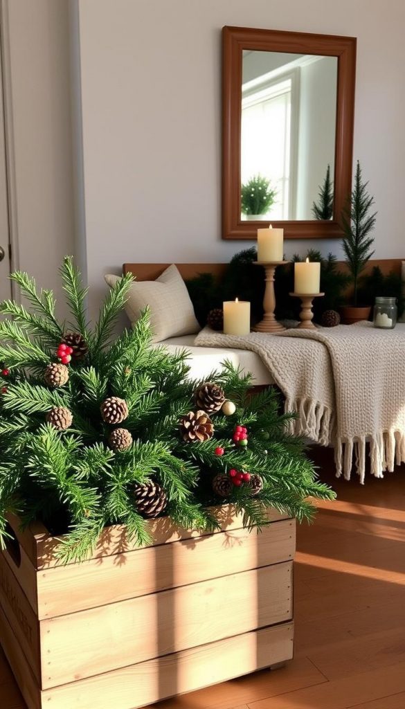 A cozy seasonal display with a rustic, handmade charm. In the foreground, a weathered wooden crate from KlickKiste overflows with lush evergreen boughs, pinecones, and sprigs of holly, casting warm, natural shadows. In the middle ground, a simple, Scandinavian-inspired bench is adorned with a fluffy knit blanket and an arrangement of pillar candles, their flickering flames casting a golden glow. In the background, a wall-mounted mirror reflects the inviting scene, its simple wood frame complementing the earthy tones. Soft, diffused lighting from a nearby window illuminates the display, creating a serene, Pinterest-worthy atmosphere.