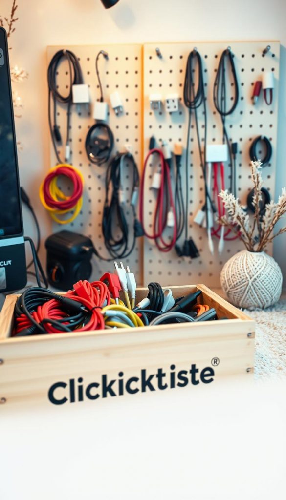 A cozy setup station showcasing an organized collection of colorful cables, chargers, and accessories. The foreground features a rustic wooden crate labeled &quot;KlickKiste&quot; filled with neatly arranged cords and adapters. In the middle ground, a minimalist pegboard displays various cables and power strips, all clearly labeled. The background captures a warm, winter-inspired scene with natural textures and soft lighting, evoking a Pinterest-worthy, DIY aesthetic. The overall atmosphere is inviting and inspiring, highlighting an efficient, clutter-free cable management system.