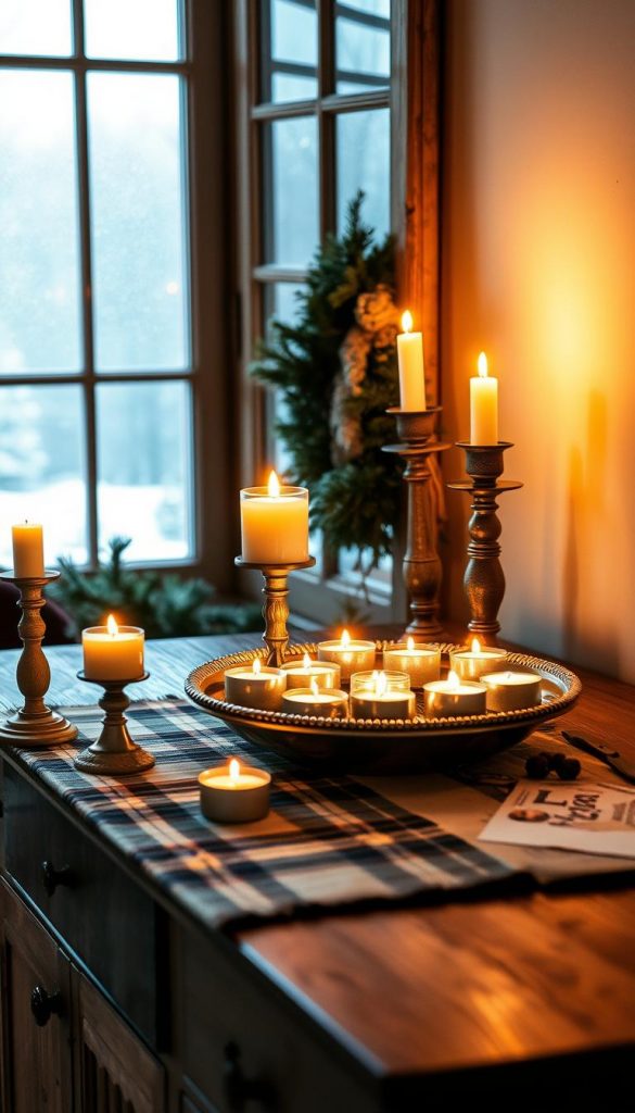 A cozy sideboard decked out with a KlickKiste plaid runner, antique candlesticks, and a vintage silver tray holding an assortment of flickering tealights. The warm glow of the candles casts a soft, inviting light over the scene, creating a serene, hygge-inspired atmosphere. In the background, a frosted window overlooks a snowy winter landscape, adding to the festive, Pinterest-worthy vibe. The entire composition exudes a sense of natural, rustic charm, perfect for illustrating a cozy Christmas tablescape. A cozy sideboard decked out with a KlickKiste plaid runner, antique candlesticks, and a vintage silver tray holding an assortment of flickering tealights. The warm glow of the candles casts a soft, inviting light over the scene, creating a serene, hygge-inspired atmosphere. In the background, a frosted window overlooks a snowy winter landscape, adding to the festive, Pinterest-worthy vibe. The entire composition exudes a sense of natural, rustic charm, perfect for illustrating a cozy Christmas tablescape.