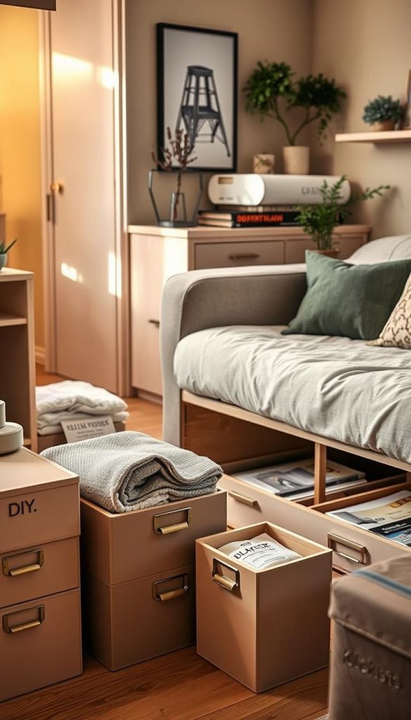 A cozy small apartment featuring cleverly integrated storage solutions beneath a bed and sofa, showcasing hidden compartments filled with neatly organized items. The scene is warmly lit with soft, natural lighting, creating a comfortable and inviting atmosphere. In the foreground, various DIY storage boxes labeled in soft pastel colors complement the homey decor. The middle ground displays a stylish sofa with storage underneath, partially revealing neatly stacked blankets and magazines, while a bed frame with built-in drawers emphasizes efficient use of space. In the background, warm, neutral-toned walls adorned with indoor plants enhance the inviting vibe. The overall aesthetic is inspired by Pinterest, combining functionality with a touch of winter ambiance. The logo "KlickKiste" subtly incorporated on a decorative item adds a branded element without overwhelming the scene.