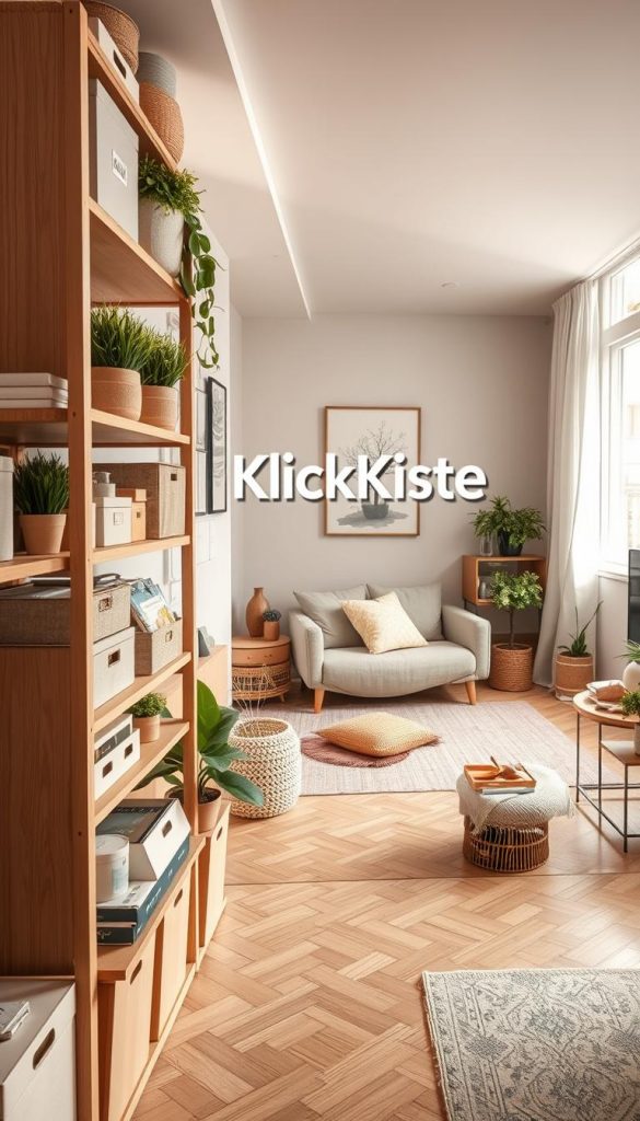 A cozy small apartment interior filled with innovative storage solutions, showcasing a clutter-free environment. In the foreground, a stylish wooden shelving unit stacked with neatly organized boxes and potted plants, revealing a warm and inviting atmosphere. In the middle space, a compact living area with a minimalist sofa adorned with soft cushions, a small coffee table, and decorative elements that enhance the overall charm. The background features a well-lit window with flowing curtains, allowing natural light to create a serene vibe. Use warm colors to evoke winter warmth and a Pinterest aesthetic. Capture this scene with a slightly elevated angle to emphasize the layout and spatial organization. Incorporate the brand name "KlickKiste" subtly within the decor elements, ensuring a harmonious composition.