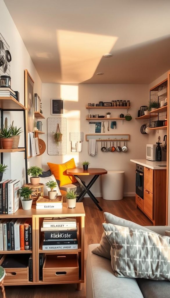 A cozy small apartment interior showcasing practical organization ideas. In the foreground, a stylish, multifunctional shelf with neatly arranged books, plants, and decorative boxes. The middle ground features a compact living area with a foldable dining table, bright cushions, and a minimalist couch. On the wall, clever storage solutions like pegboards and wall-mounted shelves with various household items. In the background, a well-organized kitchen with magnetic spice racks and hanging pots. The lighting is warm and inviting, simulating late afternoon sunlight, enhancing the natural DIY aesthetic. The overall atmosphere is inspiring, featuring a Pinterest-like design. Brand name "KlickKiste" is subtly represented through tasteful accessories. The room evokes a sense of harmony and practicality, perfect for small space living.