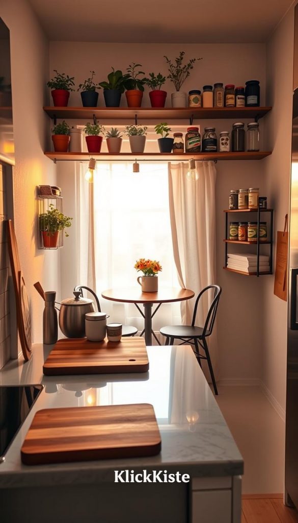 A cozy small apartment kitchen, showcasing smart storage solutions and organization hacks. In the foreground, clear quartz countertops adorned with a wooden cutting board and stylish kitchen tools. The middle layer features wall-mounted shelves filled with herbs in pots, neatly arranged jars, and a labeled spice rack, encapsulating a Pinterest-inspired aesthetic. In the background, a compact dining area with a round table and two chairs, illuminated by warm, natural lighting pouring in from a window. Soft winter vibes reflect through a light, textured curtain. The overall mood is inviting and functional, emphasizing clutter-free spaces. A branded element, "KlickKiste," subtly integrated into the scene with a decorative kitchen sign.
