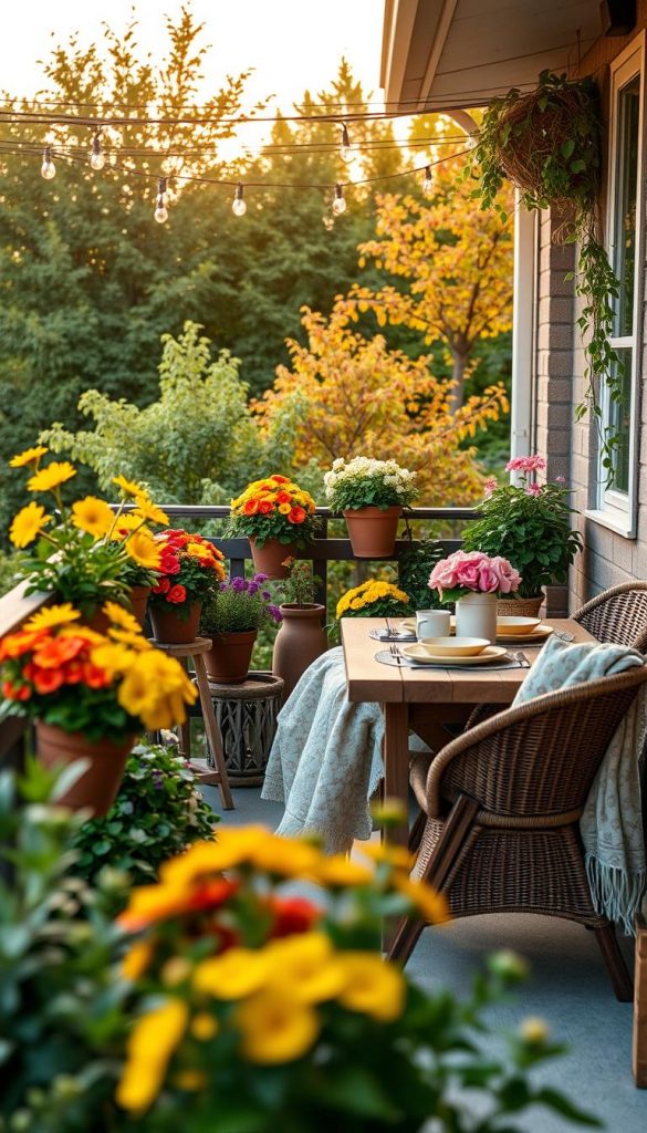 A cozy small balcony decorated for summer, featuring vibrant potted flowers in warm colors like yellow and coral, and a rustic wooden table set with pastel dishware. In the foreground, a comfortable wicker chair adorned with a soft, patterned throw invites relaxation. The middle ground captures the essence of DIY decor with string lights draped overhead, casting a gentle warm glow. In the background, soft greenery merges with hints of autumn foliage, showcasing the transition from summer to fall. The scene is bathed in soft, natural light during golden hour, evoking a tranquil and inviting atmosphere. This harmonious setting inspires creativity with a Pinterest-style aesthetic, perfect for "KlickKiste".
