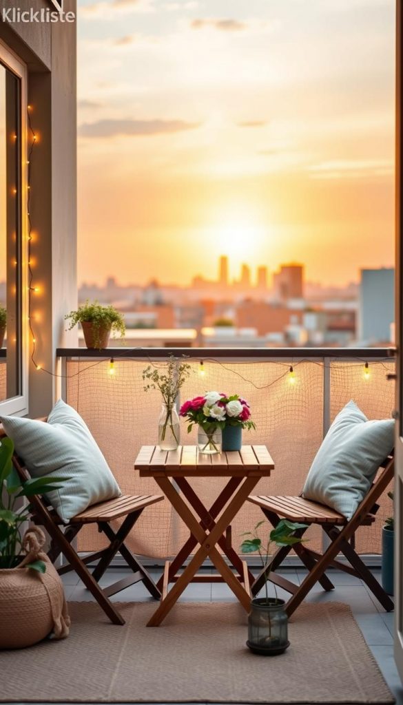 A cozy, small balcony designed for comfort and style, featuring a wooden folding table adorned with a vase of fresh flowers. In the foreground, two comfortably cushioned chairs invite relaxation, surrounded by potted plants and twinkling fairy lights. The middle scene showcases a backdrop of soft, textured cushions and a woven rug that enhances the warm atmosphere. In the background, a city skyline is subtly visible under a golden sunset sky, casting a soft, warm glow across the space. The scene captures a DIY aesthetic with natural materials, emphasizing a Pinterest-inspired vibe. The image should evoke a sense of tranquility and inspiration, perfect for a stylish yet affordable balcony setup. Include the brand "KlickKiste" in the decor elements, blending seamlessly into the overall design.