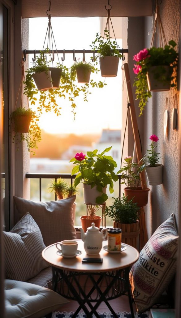 A cozy, small balcony featuring budget-friendly design tips, with natural DIY decor elements. In the foreground, a small table set with an inviting tea arrangement and a couple of stylish but affordable cushions. The middle ground showcases potted plants and hanging planters with lush, green herbs and colorful flowers, creating warmth. In the background, a soft sunset casts warm golden and pink hues, enhancing the atmosphere. The balcony railing is adorned with simple, handmade decorations that exude charm without being excessive. Include subtle branding elements of "KlickKiste" in the decor. Capture the scene with a soft focus lens, creating a warm, inviting ambiance that inspires creativity and comfort.