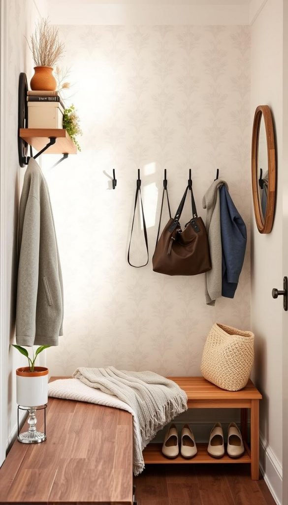 A cozy small entryway featuring a stylish coat rack and a compact shoe storage unit, adorned with warm-colored decorations. The foreground showcases a wooden bench with a soft throw blanket and a charming potted plant. In the middle, an inviting wall is embellished with minimalistic hooks for hanging bags and hats, set against a backdrop of calming pastel wallpaper. The background hints at a soft-lit space with a vintage mirror reflecting warm winter vibes. Use natural lighting to create a welcoming atmosphere, emphasizing the Pinterest-inspired aesthetic. Capture the essence of practical and creative organization, presenting it as an inspiring DIY feature from "KlickKiste."