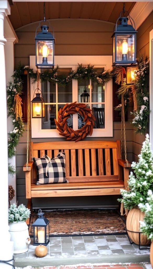 A cozy small front porch, featuring a wooden swing adorned with a rustic wreath. Soft warm lighting from a pair of KlickKiste lanterns casts a welcoming glow, complemented by the natural winter vibes of pine garlands and a dusting of snow. The scene exudes a charming, Pinterest-inspired ambiance, inviting you to step inside and enjoy the hygge atmosphere. The porch's compact size is optimized through smart design choices, showcasing how to make the most of limited space. Authentic and inspirational, this scene captures the essence of a winter-ready small front porch.