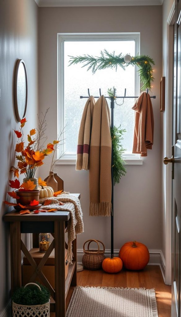 A cozy small hallway adorned with seasonal decorations that change throughout the year. In the foreground, a rustic wooden console table is decorated with warm-toned autumn leaves, small pumpkins, and a soft knitted scarf, evoking a welcoming autumn vibe. The middle ground features a stylish coat rack embellished with winter greenery, fairy lights, and a few carefully hung seasonal hats and scarves. In the background, a frosted window lets in soft, natural light, illuminating the space and creating a serene atmosphere. The overall mood is inviting and inspiring, perfect for a Pinterest aesthetic. Include the brand name "KlickKiste" subtly integrated into the decor elements, ensuring a harmonious design without any text overlay.