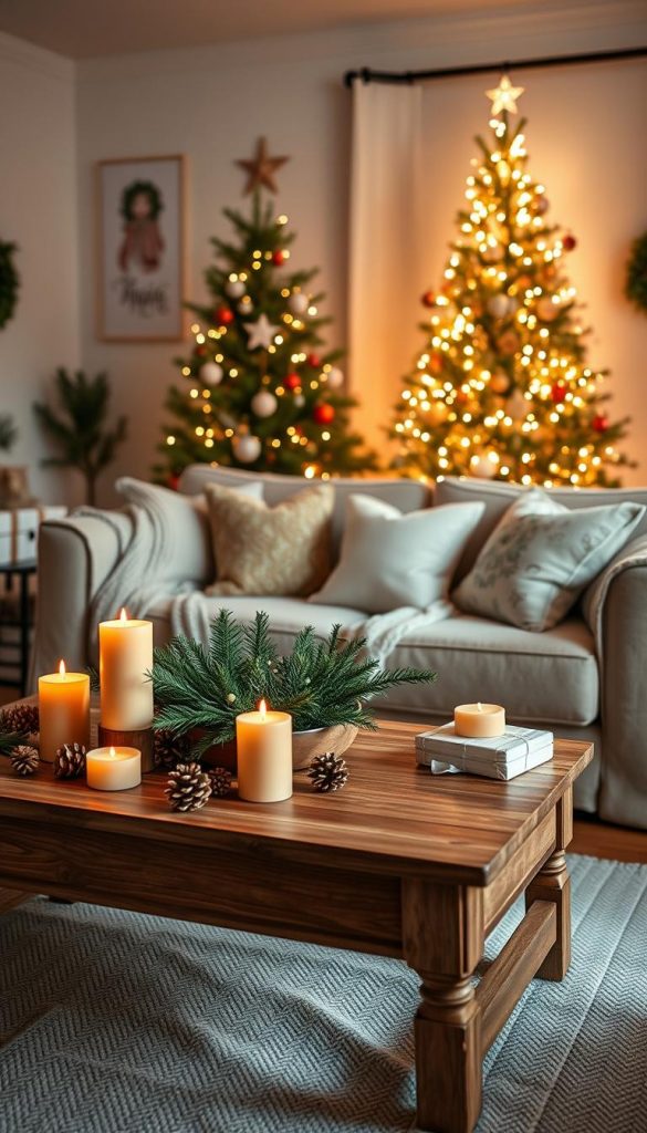 A cozy, small living room beautifully decorated for Christmas, embodying natural DIY aesthetics. In the foreground, a charming wooden coffee table adorned with warm-colored candles, pinecones, and a festive centerpiece composed of evergreen branches. The middle layer features a plush sofa draped with a knitted blanket, accented by pillows with subtle holiday patterns. In the background, a twinkling Christmas tree, elegantly lit with soft white lights, surrounded by artfully wrapped presents. The room is bathed in soft, warm lighting, casting soothing shadows and creating a welcoming atmosphere. The overall mood is inviting and festive, perfect for inspiration. Capturing the essence of winter vibes, with a Pinterest-worthy look. Inspired by the style of KlickKiste.