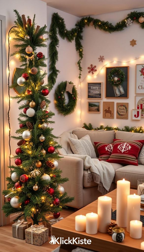 A cozy, small living room decorated for Christmas, featuring a vertical wall Christmas tree made from green branches and ornaments. In the foreground, a beautifully arranged DIY tree made of natural materials like wood and pinecones, adorned with warm white lights. The middle ground includes a comfortable, stylish couch draped with soft blankets and festive cushions, surrounded by candles that cast a warm glow. In the background, cheerful wall decorations and art enhance the holiday spirit, with garlands and snowflakes creating a winter vibe. The scene is softly lit, evoking warmth and inspiration, perfect for a Pinterest aesthetic. The brand name "KlickKiste" subtly included in decor elements.