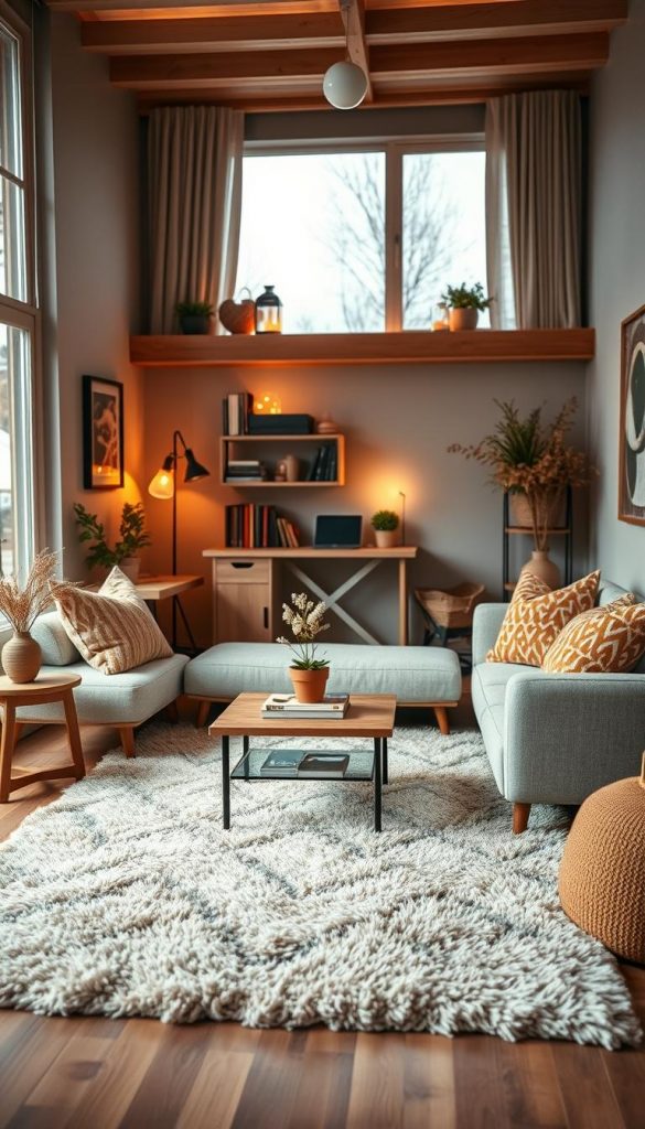 A cozy small living room designed for maximum comfort and style, featuring a blend of warm earthy colors and natural textures. In the foreground, a soft, plush rug lies beneath a chic, compact sofa adorned with an array of colorful throw pillows. A small wooden coffee table is artfully arranged with books and a potted plant. In the middle ground, a clever use of multi-functional furniture, like a foldable desk and stylish storage solutions, highlights efficient space utilization. The background showcases well-placed ambient lighting, with gentle warm glow from lanterns and strategically positioned floor lamps. Large windows allow soft, natural light to filter in, enhancing the inviting atmosphere. The overall scene evokes a Pinterest-inspired aesthetic, creating an authentic and inspiring winter vibe. Designed for KlickKiste, this image captures the essence of maximizing small spaces.
