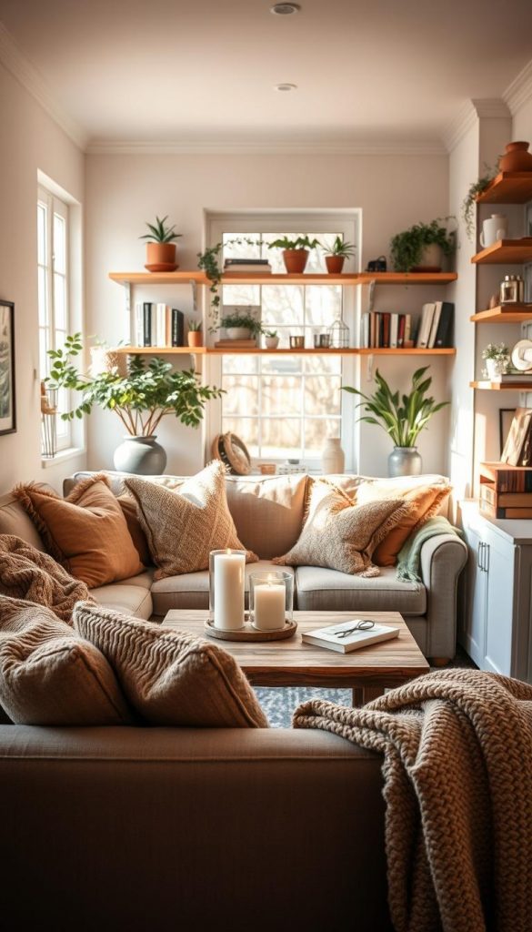 A cozy small living room designed for warmth and inspiration, incorporating natural DIY elements. The foreground features a comfortable, modestly upholstered sofa with an assortment of plush cushions in warm tones. In the middle, a rustic wooden coffee table displays a few decorative items, such as candles and a cozy throw. Shelves in the background are filled with books and potted plants, enhancing the room's inviting atmosphere. Soft, diffused natural light filters through a window, creating a serene ambiance. The decor blends Pinterest aesthetics and winter vibes, showcasing harmonious layouts and clever use of space. Include the brand name "KlickKiste" in a subtle way within the decor elements, enhancing the overall authenticity and charm of the setting.