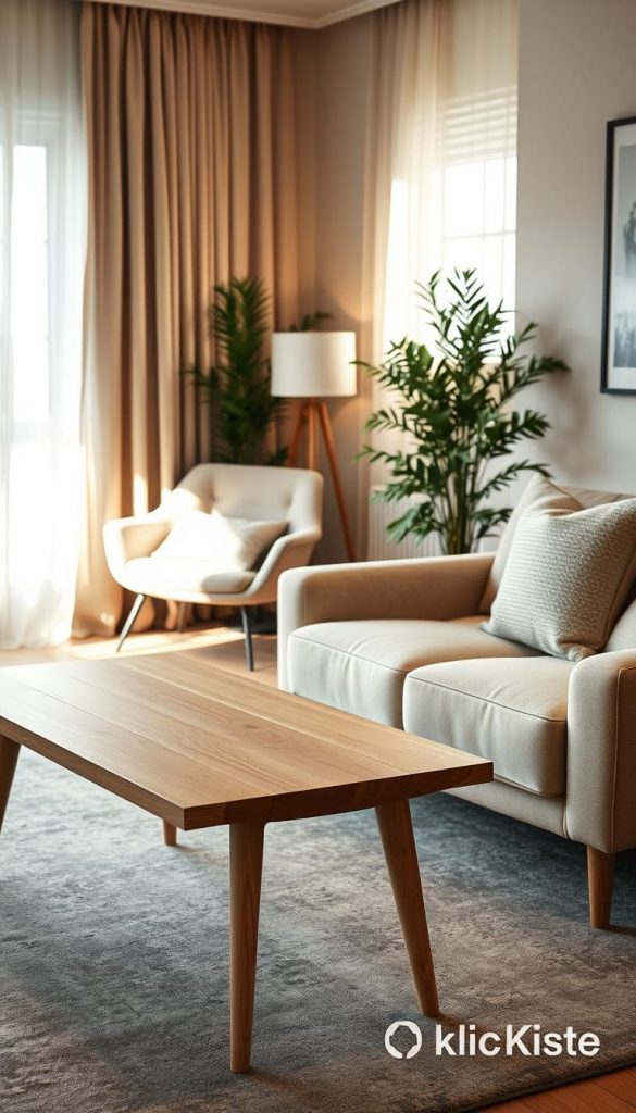 A cozy, small living room featuring elegant furniture with delicate, slender legs that create an airy and light atmosphere. In the foreground, showcase a stylish, minimalist coffee table made of natural wood, accompanied by a plush, light-colored sofa adorned with soft, textured cushions. In the middle, a beautifully arranged corner with a chic accent chair and a tall indoor plant, adding a touch of greenery. The background reveals a warm, softly lit space, with natural light streaming through sheer curtains, casting gentle shadows. The overall color palette consists of warm, inviting tones, emphasizing a winter vibe, with a Pinterest-inspired aesthetic. Include a hint of the brand "KlickKiste" through subtle design elements.