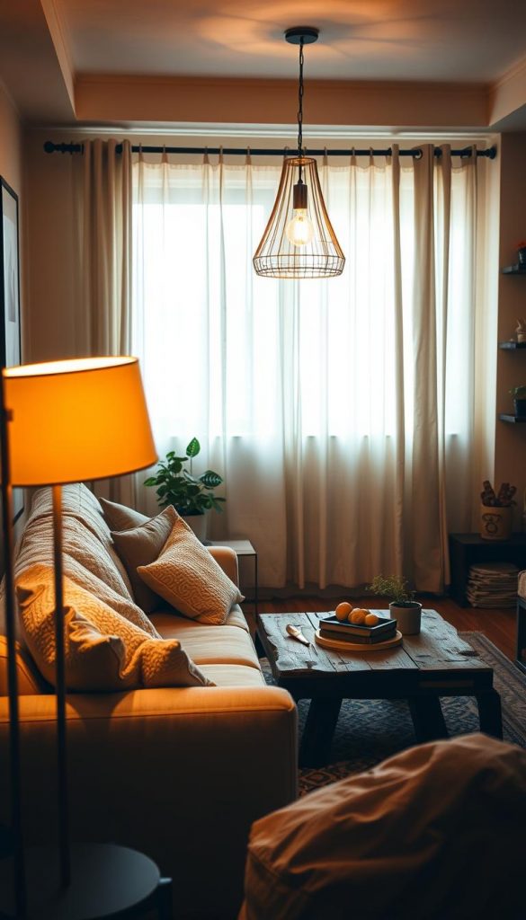 A cozy, small living room is beautifully illuminated with layered lighting, emphasizing warmth and spaciousness. In the foreground, a stylish floor lamp with a golden shade casts a soft glow over a plush, inviting sofa adorned with textured cushions. The middle section features a unique pendant light hanging above a rustic coffee table, creating a focal point while showcasing natural materials. In the background, sheer curtains allow diffused daylight to filter in, enhancing the room's welcoming atmosphere. The walls are painted in warm, muted tones, enhancing the inviting vibe. The scene is completed with small potted plants and DIY decor elements, resembling a Pinterest-inspired aesthetic. Capture this inviting space with a warm color palette and a creative composition, showcasing the art of effective lighting design. Inspired by KlickKiste.
