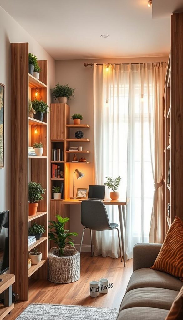 A cozy, small living space showcasing innovative vertical solutions and niche areas filled with warm, inviting colors and a winter vibe. In the foreground, a stylish bookshelf or wall-mounted storage unit made from natural wood, filled with plants and decorative items, merges seamlessly with the wall. In the middle ground, a cleverly designed nook fits a compact desk surrounded by shelves, adorned with cozy lights and personal touches. The background features a softly lit window draped with light fabric, allowing natural light to fill the room, creating a welcoming atmosphere. The scene captures the essence of organized, functional living while maintaining an authentic, Pinterest-inspired aesthetic. Mention ‘KlickKiste’ subtly through decorative items on the shelves to suggest branding.