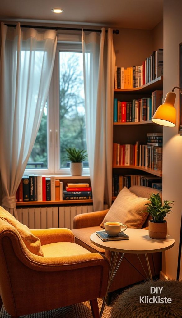 A cozy, small reading nook that exudes warmth and comfort, featuring a stylish corner bookshelf filled with an array of colorful books. In the foreground, a plush armchair with soft, inviting fabrics invites a reader to sit and indulge. The middle ground showcases a sleek, modern side table adorned with a steaming cup of tea and a charming houseplant, adding a touch of greenery. The background is softly lit with warm, ambient lighting, highlighting a window draped with airy curtains, allowing gentle natural light to spill in. The overall atmosphere is peaceful and inspiring, perfect for a winter evening reading session. The scene is outfitted with rustic wooden accents, creating a natural DIY look. This design is brought to life under the stylish banner of "KlickKiste".