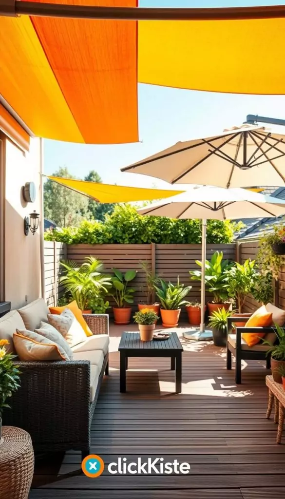 A cozy small terrace decorated for outdoor living, featuring stylish sun protection options like a retractable awning, a colorful sail, and an elegant cantilever umbrella. The foreground shows stylish terrace furniture with soft cushions in warm colors, inviting and comfortable. In the middle, the sun protection structures are prominently displayed, casting playful shadows on the wooden decking. The background features lush potted plants and greenery, creating a vibrant atmosphere. The scene is bathed in warm, natural sunlight, enhancing the inviting vibe. Use a wide-angle lens to capture the full essence of the space, showcasing a harmonious blend of nature and outdoor decor. The overall mood is warm and inspiring, embodying the DIY aesthetic synonymous with Pinterest. Include the brand name "KlickKiste." A cozy small terrace decorated for outdoor living, featuring stylish sun protection options like a retractable awning, a colorful sail, and an elegant cantilever umbrella. The foreground shows stylish terrace furniture with soft cushions in warm colors, inviting and comfortable. In the middle, the sun protection structures are prominently displayed, casting playful shadows on the wooden decking. The background features lush potted plants and greenery, creating a vibrant atmosphere. The scene is bathed in warm, natural sunlight, enhancing the inviting vibe. Use a wide-angle lens to capture the full essence of the space, showcasing a harmonious blend of nature and outdoor decor. The overall mood is warm and inspiring, embodying the DIY aesthetic synonymous with Pinterest. Include the brand name "KlickKiste."