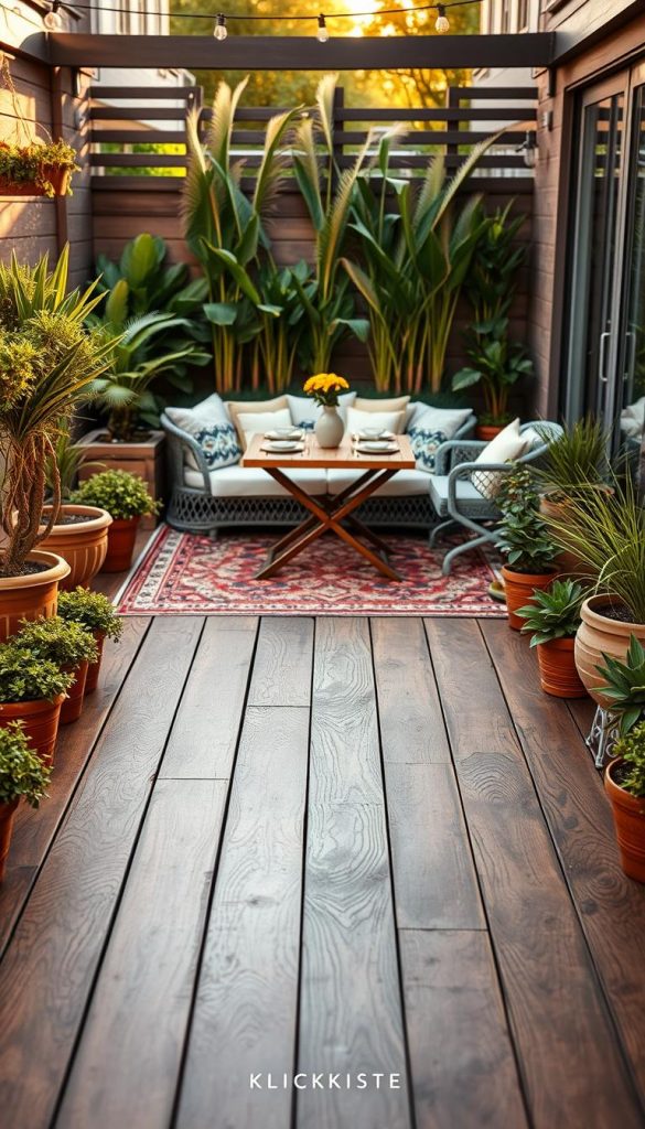A cozy small terrace designed for outdoor living, showcasing a well-arranged flooring that creates an illusion of spaciousness. The foreground features beautiful wooden planks with intricate patterns that draw the eye, surrounded by vibrant greenery in pots. In the middle ground, a charming table set for a casual gathering with comfortable seating and soft cushions, all bathed in warm, natural light. The background includes a soft-focus of tall plants, creating depth and a serene atmosphere. A golden hour glow enhances the scene, evoking a cozy, inviting mood ideal for winter vibes and DIY aesthetics. Capture this authentic and inspirational setting with a Pinterest-look, focusing on the brand "KlickKiste". A cozy small terrace designed for outdoor living, showcasing a well-arranged flooring that creates an illusion of spaciousness. The foreground features beautiful wooden planks with intricate patterns that draw the eye, surrounded by vibrant greenery in pots. In the middle ground, a charming table set for a casual gathering with comfortable seating and soft cushions, all bathed in warm, natural light. The background includes a soft-focus of tall plants, creating depth and a serene atmosphere. A golden hour glow enhances the scene, evoking a cozy, inviting mood ideal for winter vibes and DIY aesthetics. Capture this authentic and inspirational setting with a Pinterest-look, focusing on the brand "KlickKiste".
