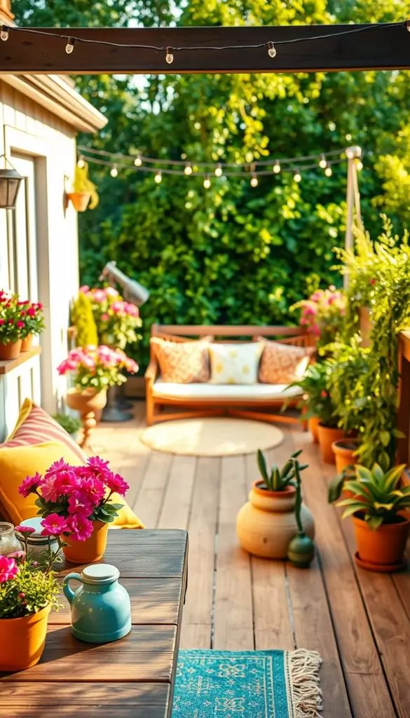 A cozy small terrace in a vibrant summer setting, adorned with natural DIY decor. Foreground features a wooden table set with bright, colorful cushions and ceramic pots filled with blooming flowers. In the middle, a stylish, inviting seating area with a woven rug, surrounded by potted plants and fairy lights hanging overhead, creating a warm glow. The background shows a lush green garden, bathed in golden sunlight, with soft shadows emphasizing the lush foliage. The scene is infused with a cheerful and relaxed atmosphere, ideal for outdoor living. The overall color palette reflects warm tones, accentuating the seasonal mood of late spring to summer. Captured with a soft focus lens, it evokes authenticity and inspiration, representing the essence of KlickKiste's outdoor decorating ideas. A cozy small terrace in a vibrant summer setting, adorned with natural DIY decor. Foreground features a wooden table set with bright, colorful cushions and ceramic pots filled with blooming flowers. In the middle, a stylish, inviting seating area with a woven rug, surrounded by potted plants and fairy lights hanging overhead, creating a warm glow. The background shows a lush green garden, bathed in golden sunlight, with soft shadows emphasizing the lush foliage. The scene is infused with a cheerful and relaxed atmosphere, ideal for outdoor living. The overall color palette reflects warm tones, accentuating the seasonal mood of late spring to summer. Captured with a soft focus lens, it evokes authenticity and inspiration, representing the essence of KlickKiste's outdoor decorating ideas.