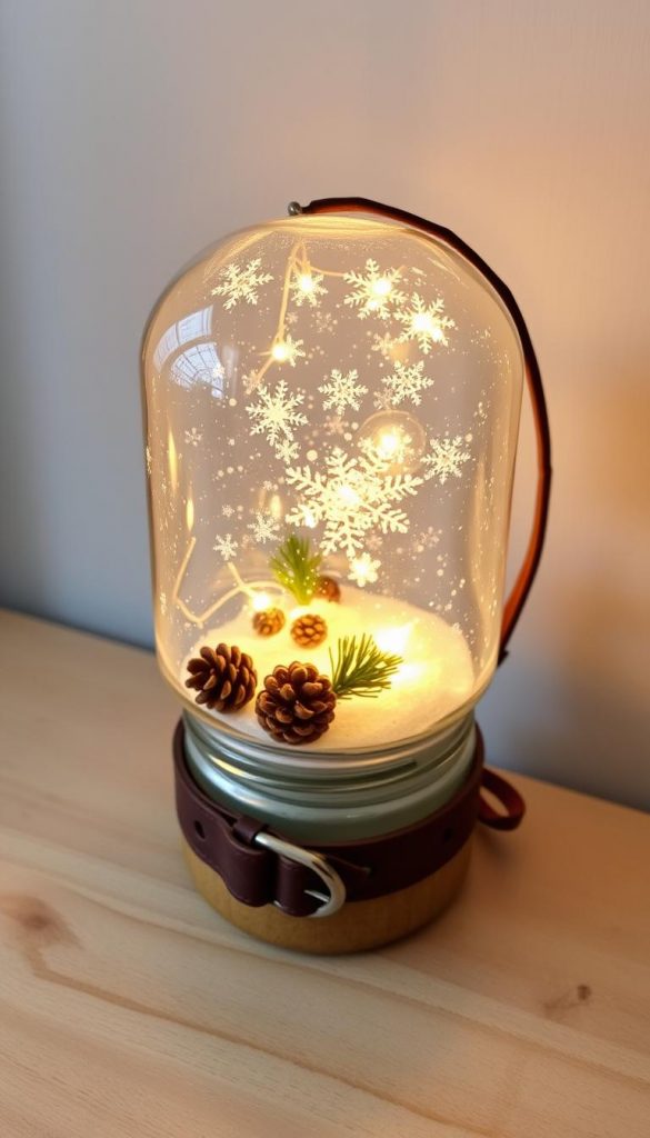 A cozy snow globe filled with warm, glowing LED lights, standing on a natural wooden surface. The globe's base is repurposed from a reused glass jar, with a simple leather strap for a handle. Delicate snowflakes swirl inside, reflecting the soft, ambient lighting. A sprinkling of pine branches and pinecones adds a rustic, winter-inspired touch. This handcrafted, one-of-a-kind &amp;quot;KlickKiste&amp;quot; upcycled snow globe captures the essence of a cozy, sustainable holiday DIY project.