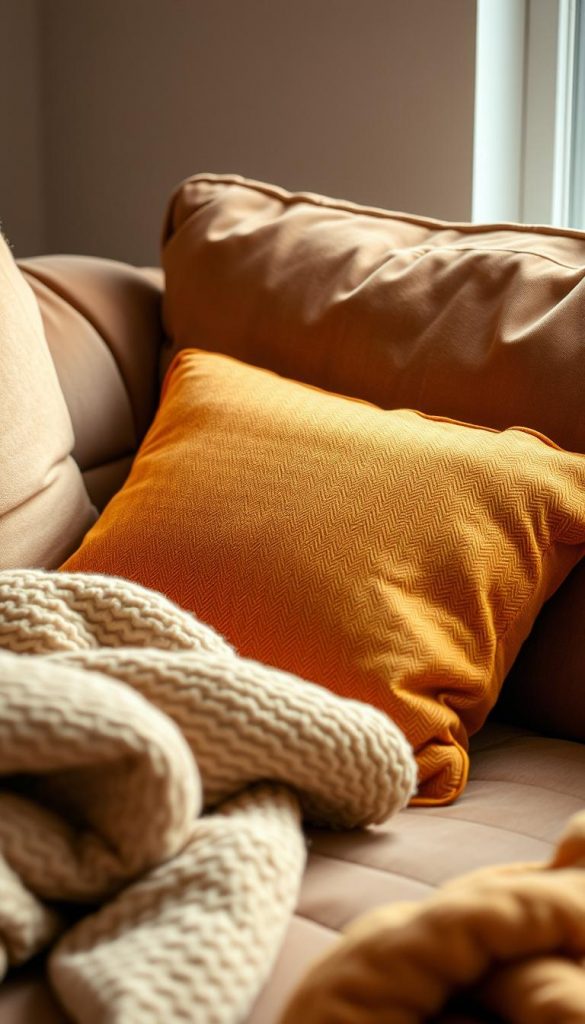 A cozy, soft throw pillow (kissen) in a warm, earthy tone of mustard yellow or russet brown, resting on a plush, neutral-colored velvet sofa. The pillow features a subtle, textured pattern, like a herringbone or a subtle jacquard weave, adding depth and visual interest. Gentle, diffused lighting casts a warm, inviting glow, creating a sense of comfort and coziness. The scene is captured from a low, intimate angle, emphasizing the inviting, enveloping nature of the textured fabrics. The overall atmosphere is one of winter hygge, inspiring a feeling of warmth, relaxation, and connection.