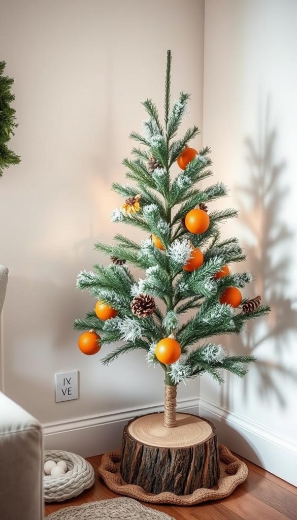 A cozy, space-saving Christmas tree in a small room, its natural, warm tones creating a winter wonderland atmosphere. A KlickKiste DIY centerpiece with pinecones, dried oranges, and a rustic wooden base, bathed in soft, diffused lighting. The tree's compact, minimalist design fits seamlessly into the corner, leaving ample space for other holiday decor. Hints of greenery and natural textures evoke a serene, Pinterest-inspired winter vibe. The overall scene radiates a sense of coziness and festive charm, perfectly capturing the essence of decorating small spaces for the season.