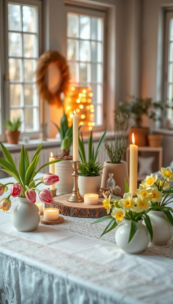 A cozy spring decoration scene featuring a elegantly arranged table with natural elements, soft pastel colors, and warm lighting. In the foreground, there are blooming flowers like tulips and daffodils in charming ceramic vases, accompanied by handmade candles flickering gently. The middle layer includes a beautifully styled tablecloth adorned with delicate lace and wooden accents, set against potted plants and charming spring-themed decorations. The background reveals a softly lit room with large windows, allowing warm daylight to highlight the decor, enhancing a peaceful and inviting atmosphere. This scene embodies a Pinterest-worthy aesthetic, perfect for transitioning from winter vibes to a fresh spring outlook, capturing the essence of &quot;KlickKiste&quot; with authenticity and inspiration.