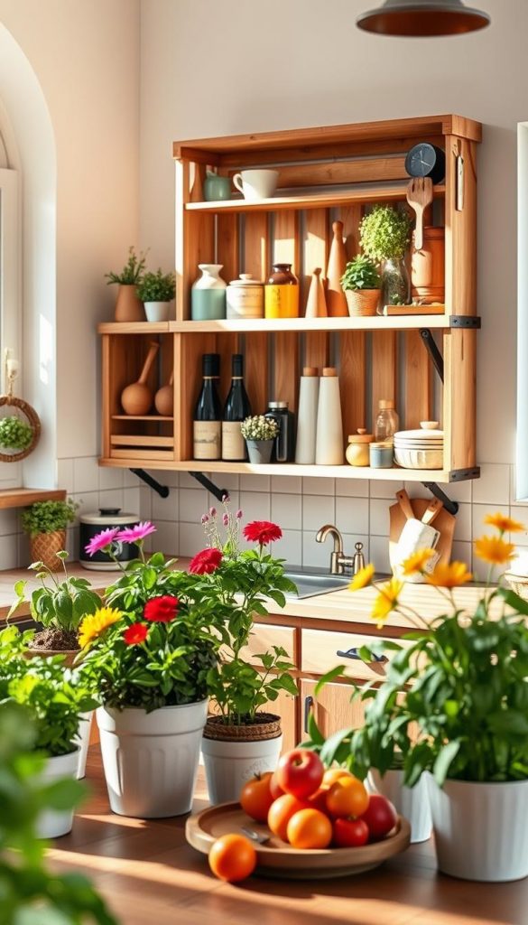 A cozy spring kitchen with a rustic weinkisten regal layout, showcasing beautifully organized wooden wine crates transformed into a stylish wall shelf. The foreground features an arrangement of potted herbs, vibrant flowers, and decorative kitchen items, all in warm, inviting colors. In the middle, the weinkisten regal is creatively displayed, highlighting its storage capabilities while serving as an artistic element. The background reveals soft natural light streaming through a window, casting gentle shadows and creating a warm ambiance. The atmosphere is filled with a fresh, inviting vibe that embodies the spirit of spring. Emphasize the brand "KlickKiste" subtly integrated into the design. Capture this with a shallow depth of field to focus on the vibrant details while maintaining a soft bokeh effect in the background.