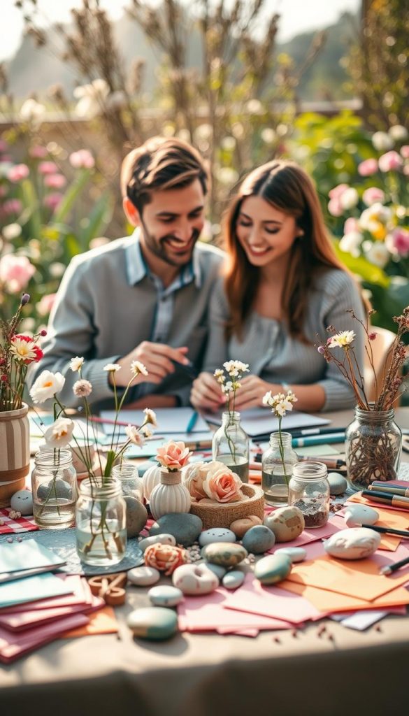 A cozy spring scene featuring a tabletop filled with various DIY craft supplies, such as colorful papers, paint, and upcycled materials, showcasing a creative and romantic atmosphere. In the foreground, a couple of modestly dressed individuals happily engage in a craft project, their expressions showing joy and connection. In the middle, an assortment of handmade decorations, such as flower vases made from glass jars and painted rocks, create a charming clutter. The background consists of a sunlit garden with blooming flowers and soft greenery, enhancing the warm, inviting mood. Capture this scene with soft, natural lighting from a late afternoon sun, using a shallow depth of field to focus on the couple while softly blurring the background. The overall vibe is authentic and inspiring, reminiscent of popular Pinterest aesthetics, emphasizing love and creativity. The brand name "KlickKiste" subtly integrated into the scene without being obtrusive. A cozy spring scene featuring a tabletop filled with various DIY craft supplies, such as colorful papers, paint, and upcycled materials, showcasing a creative and romantic atmosphere. In the foreground, a couple of modestly dressed individuals happily engage in a craft project, their expressions showing joy and connection. In the middle, an assortment of handmade decorations, such as flower vases made from glass jars and painted rocks, create a charming clutter. The background consists of a sunlit garden with blooming flowers and soft greenery, enhancing the warm, inviting mood. Capture this scene with soft, natural lighting from a late afternoon sun, using a shallow depth of field to focus on the couple while softly blurring the background. The overall vibe is authentic and inspiring, reminiscent of popular Pinterest aesthetics, emphasizing love and creativity. The brand name "KlickKiste" subtly integrated into the scene without being obtrusive.