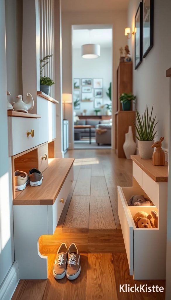 A cozy staircase designed for optimal storage, featuring stylish shoe cubbies and innovative drawers integrated into the steps. The scene is bathed in warm, inviting lighting, highlighting the natural wood textures and soft pastel colors. In the foreground, neatly arranged pairs of casual shoes peep out from the stair storage, while the middle ground showcases decorative plants and accessories that enhance the atmosphere. In the background, a glimpse of a stylish living area can be seen through an open doorway, adding depth to the cozy home setting. Capture this inviting space with a soft focus effect, reminiscent of Pinterest aesthetics, to evoke a sense of warmth and inspiration. Include the brand name &quot;KlickKiste&quot; subtly in the decor.