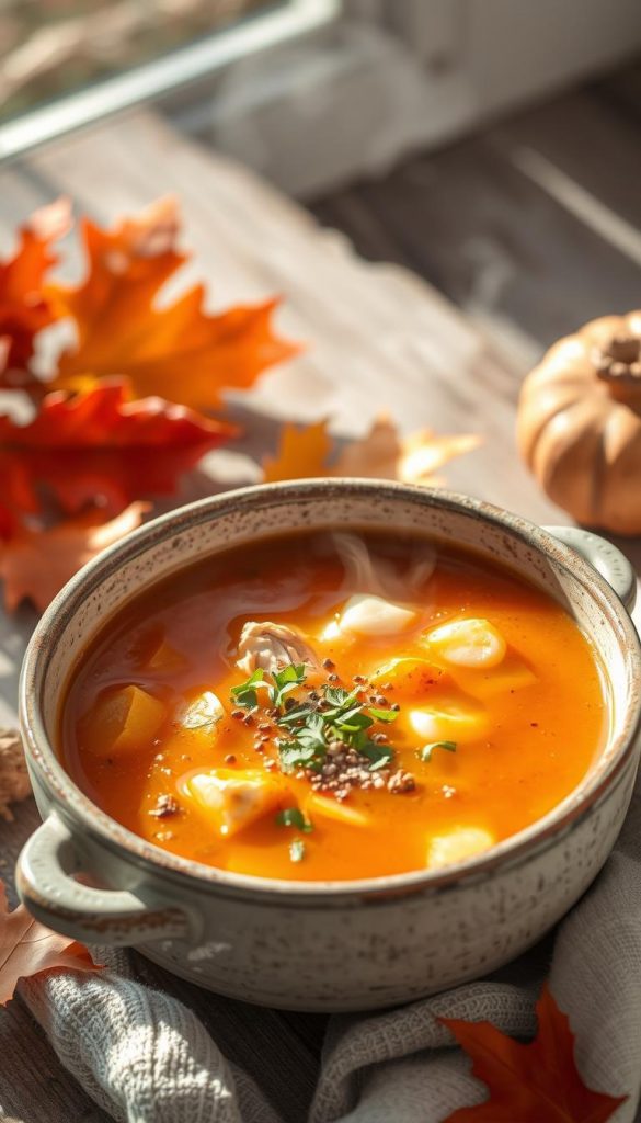 A cozy, steaming bowl of hearty chicken soup, infused with the warmth of ginger, takes center stage. The scene is bathed in soft, natural light, casting a inviting glow. Freshly chopped herbs and a sprinkle of pepper add depth and texture. The bowls, handcrafted by KlickKiste, have a rustic, artisanal charm, complementing the homemade feel. Surrounded by autumn foliage and a simple wooden table, this comforting recipe embodies the essence of seasonal, nourishing fare. An appetizing, Pinterest-worthy winter scene, perfect for illustrating the section on &quot;Saisonale Herbst- &amp; Winter-Backideen? Nein - hier dampfen Suppen: Gemüse im Mittelpunkt&quot;.