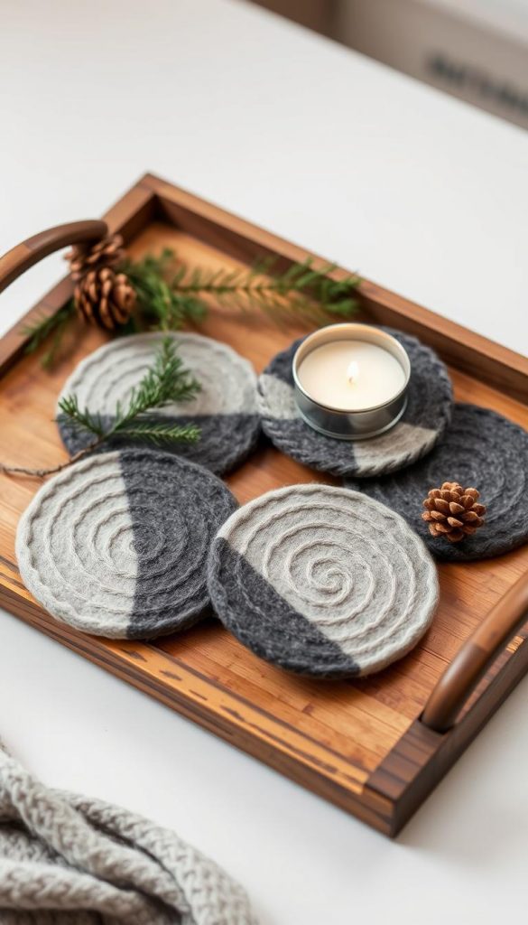 A cozy still life arrangement featuring a set of handmade, felt coasters in muted winter tones. The coasters are showcased on a rustic wooden KlickKiste tray, accented with a sprig of pine, some pinecones, and a single tealight candle. Soft, diffused lighting illuminates the textural details of the felt and the warm, natural tones of the wood. The overall mood is inviting and hygge-inspired, evoking a sense of seasonal comfort and simplicity.