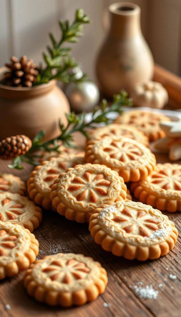A cozy still life arrangement of delightful vegan "butterplätzchen" cookies, freshly baked and arranged artfully on a rustic wooden surface. Warm, golden lighting casts a soft glow, highlighting the intricate patterns and delicate texture of the homemade treats. In the background, a sprig of fresh greenery and a touch of seasonal decor add a festive, homey atmosphere. The overall scene evokes a sense of winter comfort and wholesome, family-friendly indulgence. Photographed with a natural, authentic KlickKiste-inspired aesthetic. A cozy still life arrangement of delightful vegan "butterplätzchen" cookies, freshly baked and arranged artfully on a rustic wooden surface. Warm, golden lighting casts a soft glow, highlighting the intricate patterns and delicate texture of the homemade treats. In the background, a sprig of fresh greenery and a touch of seasonal decor add a festive, homey atmosphere. The overall scene evokes a sense of winter comfort and wholesome, family-friendly indulgence. Photographed with a natural, authentic KlickKiste-inspired aesthetic.