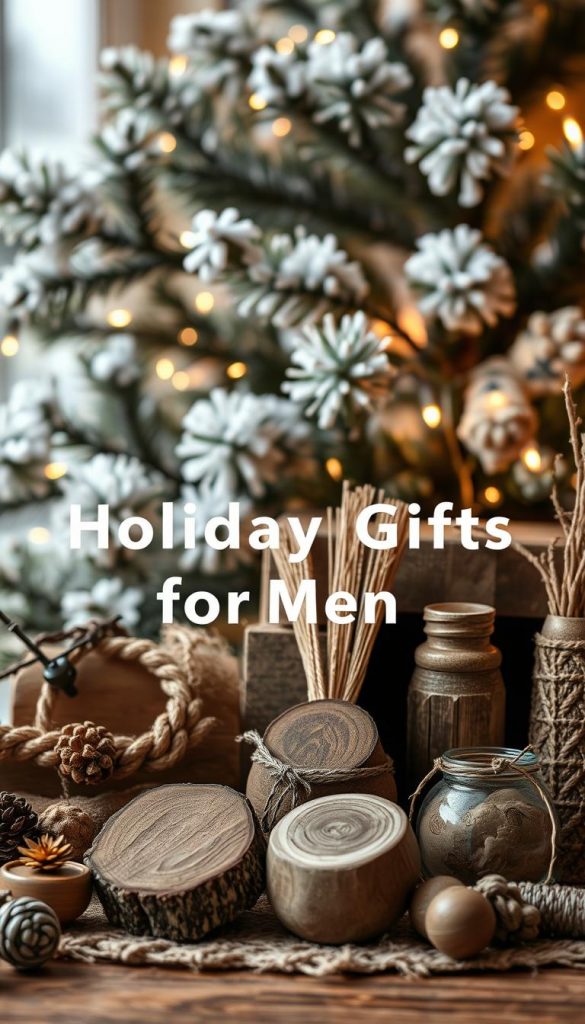 A cozy still life arrangement of thoughtful holiday gift ideas for men. In the foreground, a selection of handcrafted wooden objects, natural fibers, and rustic metal accents. Behind, a backdrop of snowy pine branches, twinkling lights, and a warm, golden glow from soft, diffused lighting. The overall scene has a comforting, winter-inspired aesthetic with an artisanal, homemade feel - perfect for capturing the essence of creative, DIY-friendly Christmas gifts for him. The image conveys a sense of coziness, craftsmanship, and seasonal charm.