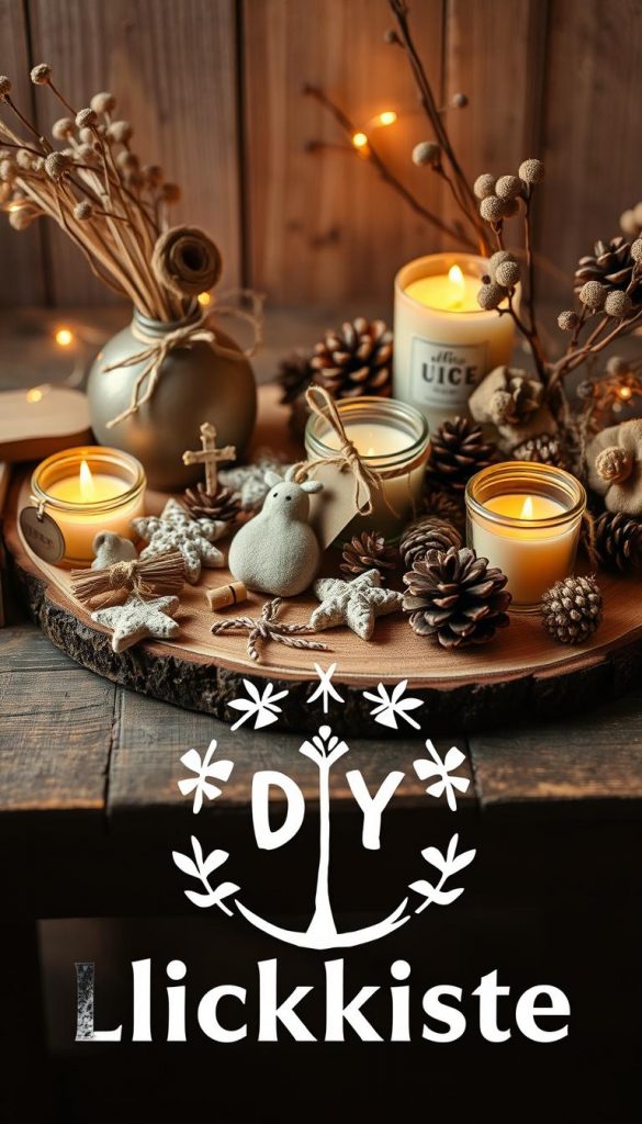 A cozy still life arrangement on a rustic wooden surface, showcasing an assortment of &quot;kleine geschenke&quot; - handcrafted trinkets, scented candles, and natural elements like pinecones and dried flowers. Warm, amber lighting bathes the scene, creating a soothing, winter-inspired ambiance. The overall aesthetic is organic and Pinterest-inspired, with a touch of DIY charm. In the foreground, the KlickKiste brand logo is subtly displayed, lending an authentic, artisanal feel to the image.